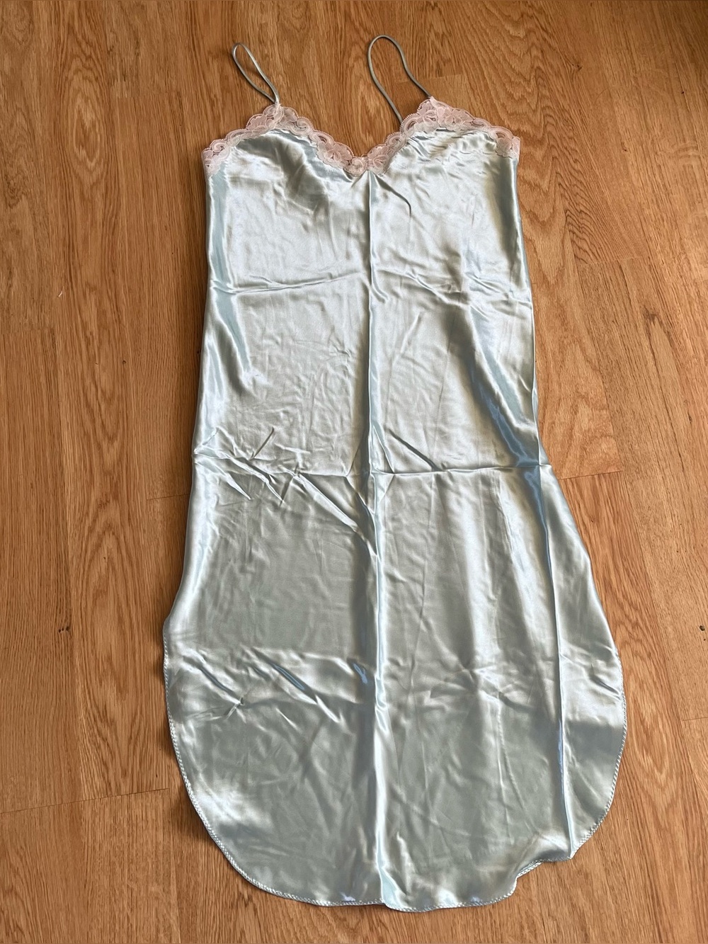 Vintage Coquette Amelia's Light Blue Satin Lace Trim Midi Slip Dress Small